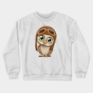 Cute little owl with big eyes and an aviation hat Crewneck Sweatshirt